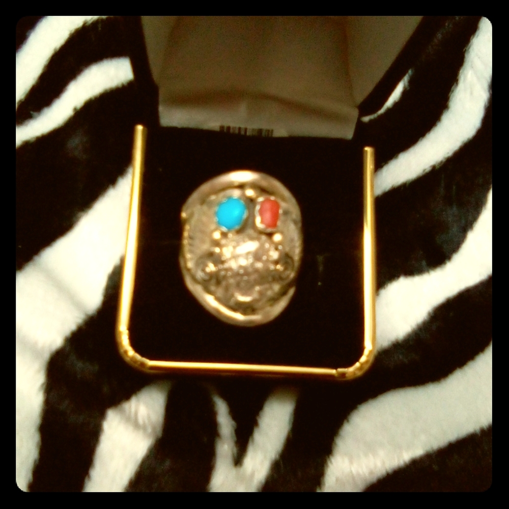 Native American Buffalo Turquoise & Coral Ring